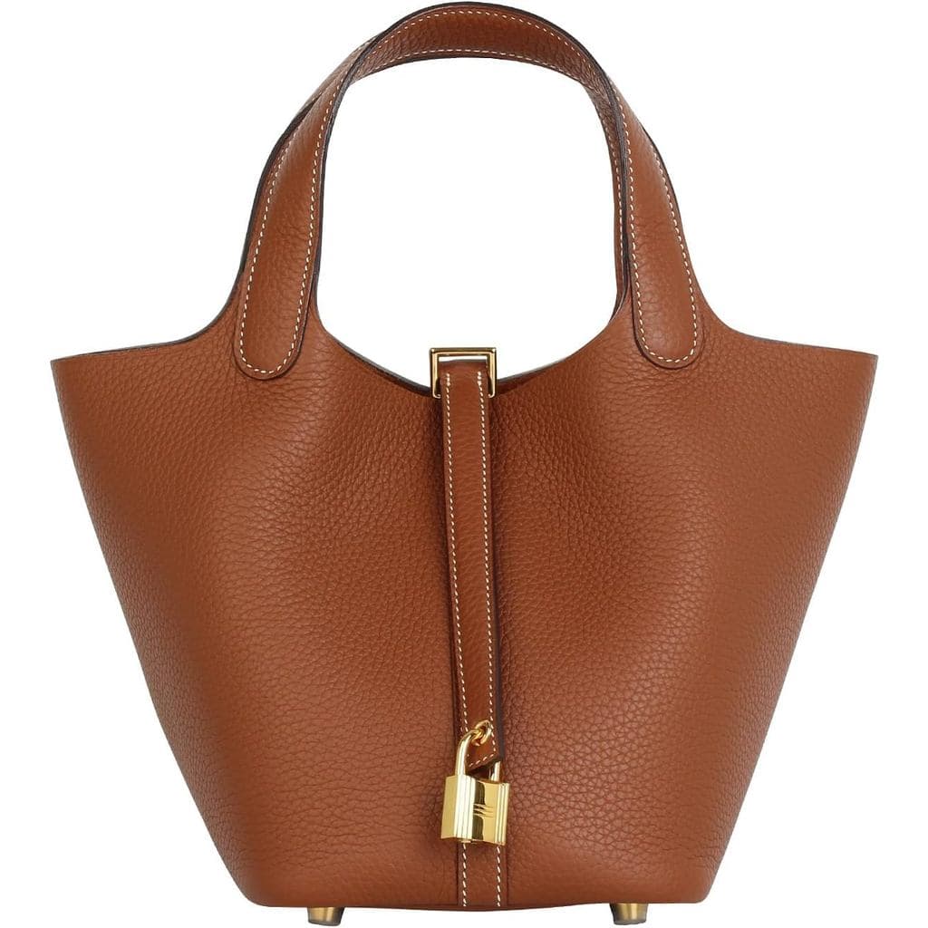 Bolsa de couro genuíno para mulheres, bolsa de mão com fecho de metal, bolsa de mercado estilo boêmio (marrom-dourado) G