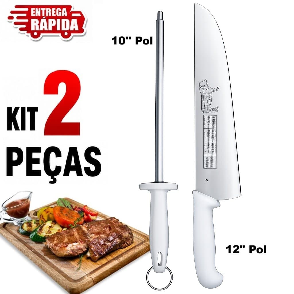 Kit 2 pecas Chaira 10'' e Faca Profissional 12" polegadas Afiador Grande Amolador Açougue