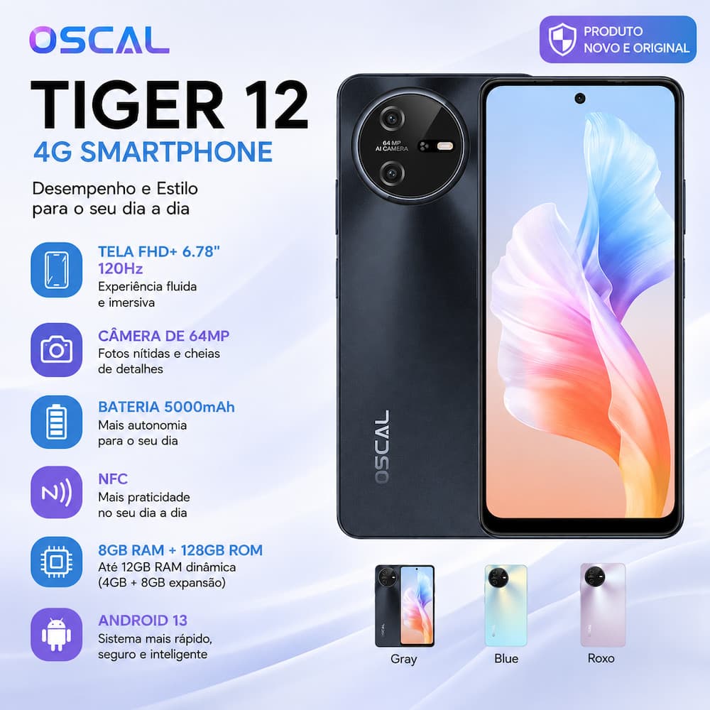 Oscal Tiger 12 4G Tela FHD+ 6,78" 120Hz Câmera 64MP Bateria 5000mAh NFC Novo e Original Smartphone