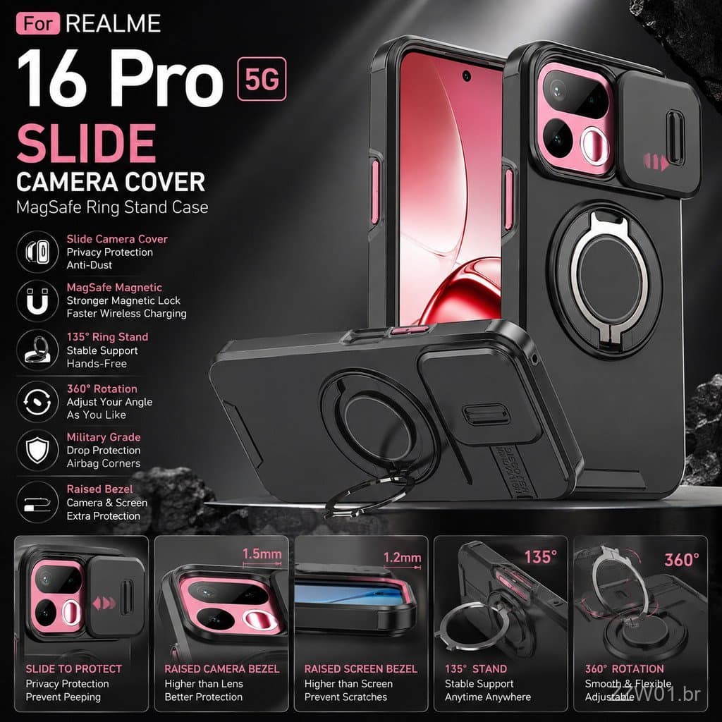 Capa Protetora Resistente a Impactos com Tampa Deslizante para Câmera e Suporte Magnético para Realme 16 Pro+ 16 16T 15