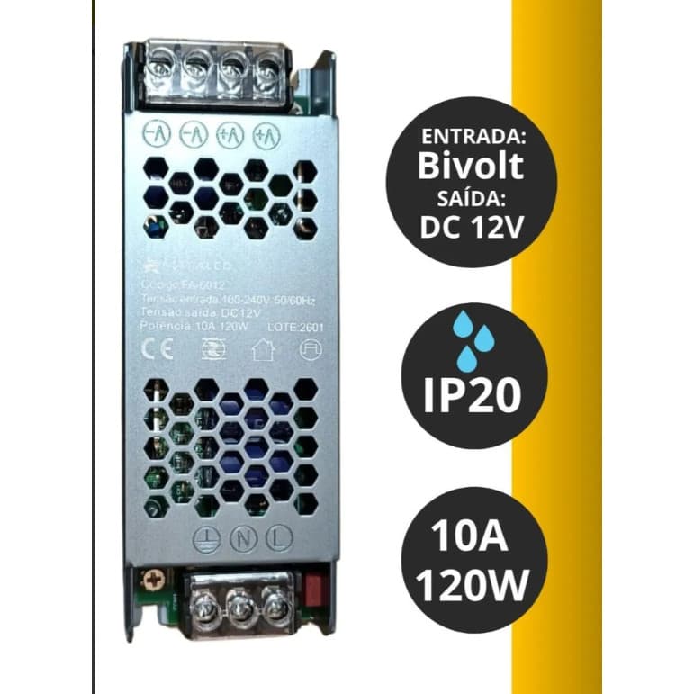 Fonte Slim Chaveada 12v 10a 120w Ip20 Bivolt
