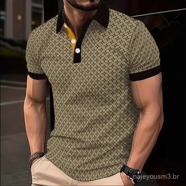 Camisa POLO Casual Masculina de Manga Curta com Gola de Lapela