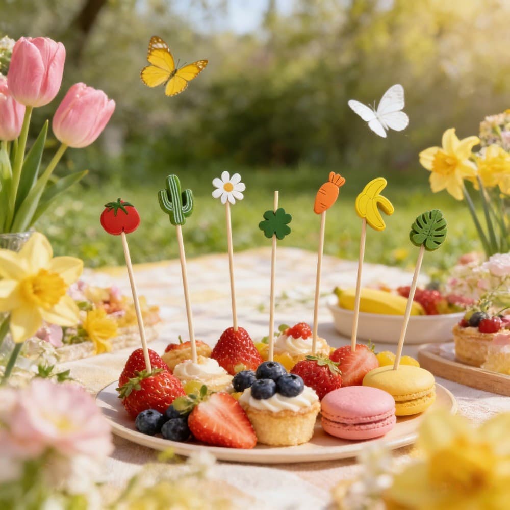 100Pc Doce Margarida Flor Descartável Bambu Comida Picaretas Sobremesa Garfos De Frutas Para Crianças Aniversário Casame