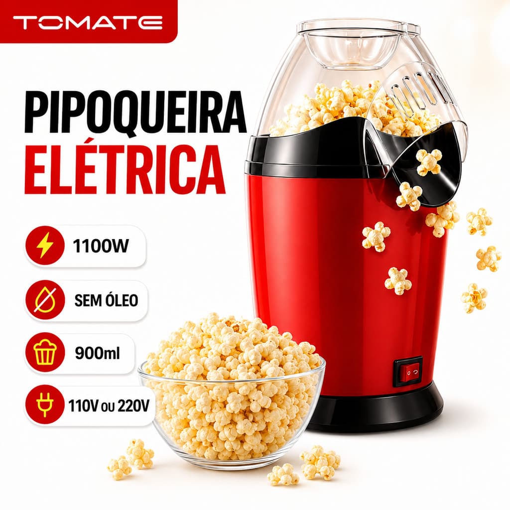 Pipoqueira Elétrica Sem Óleo 1100W 900ml Máquina de Pipoca Rápida Portátil 110V ou 220V Doméstica