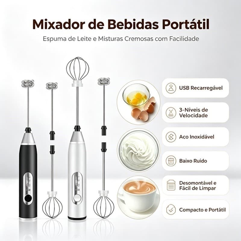 Mini Misturador Batedor Mixer Elétrico 2 em 1 para Bebidas Leite Café e Clara de Ovo Recarregável AIRER.BR