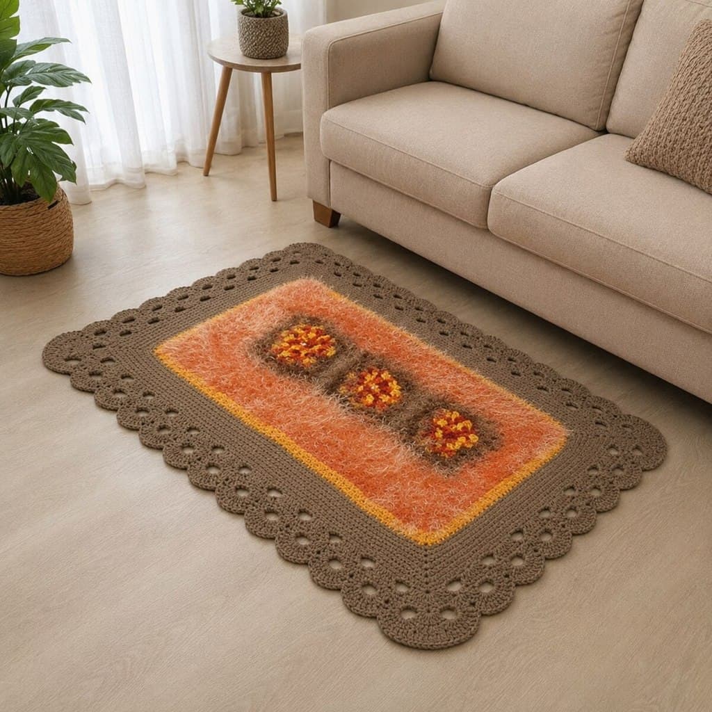 Tapete Crochê Luxo Laranja Artesanal 57x94 sala quarto