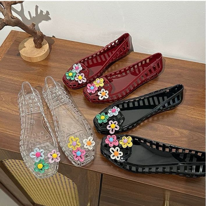 Sapatos de gelatina transparentes, rasos, de bico quadrado, estilo dopamina, destacáveis, DIY, elegantes, QPR3
