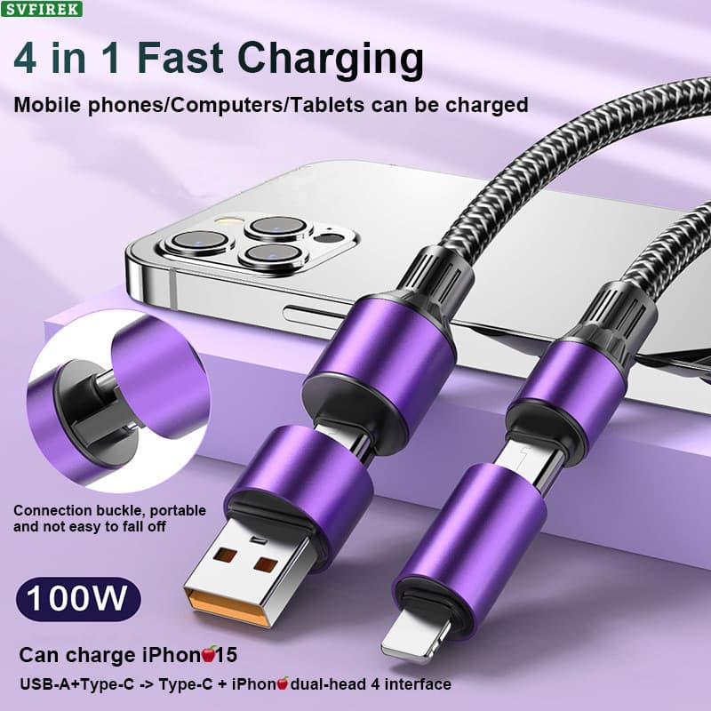 Cabo De Carregamento Rápido 100W 4 Em 1 PD Type C Dados USB Fio De Carga Rápida Linha Para Celular