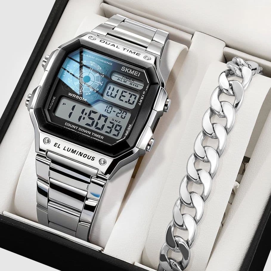 Skmei topo de luxo moda esporte relógio masculino 5bar relógios à prova água pulseira aço inoxidável relógio digital
