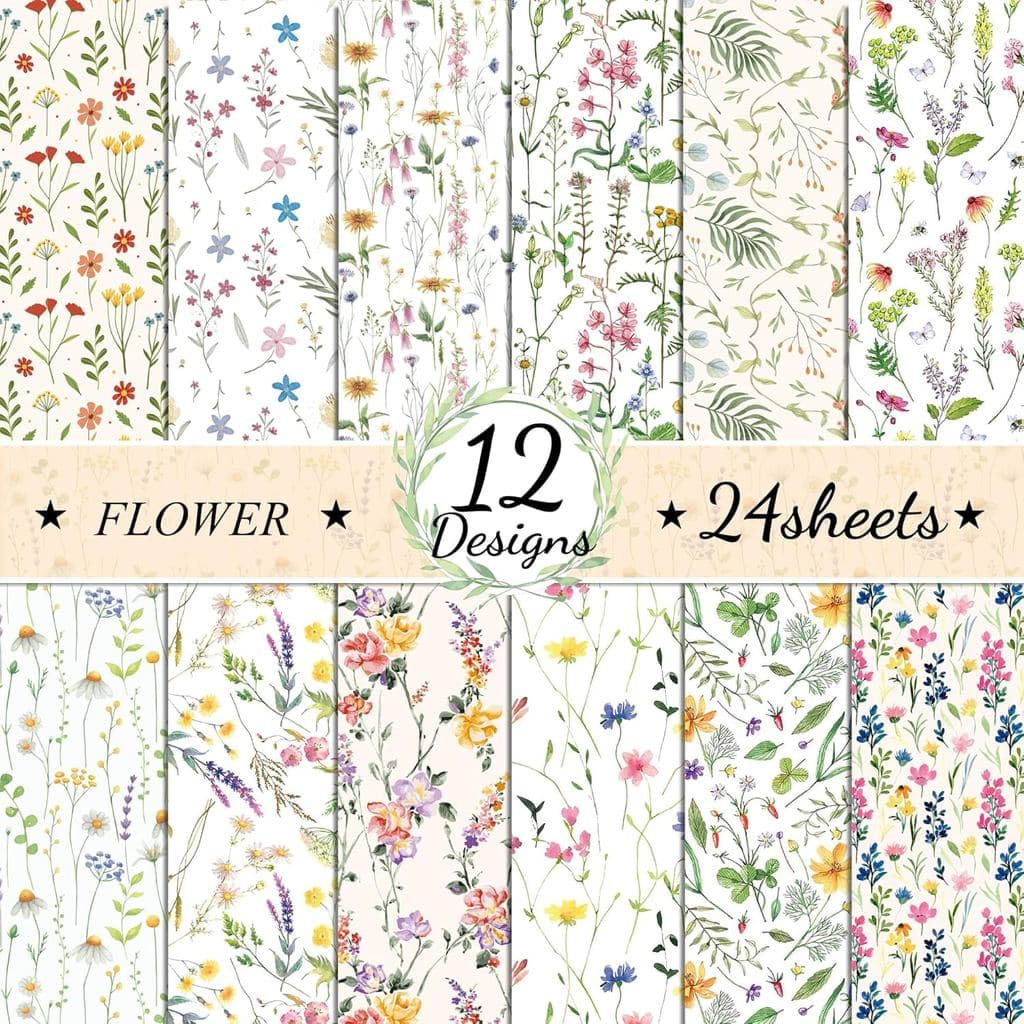 Pacotes de Papel com Padrão Floral, 24 Folhas/12 Designs, Papel Artesanal Dupla Face, Cartolina com Flores de Primavera