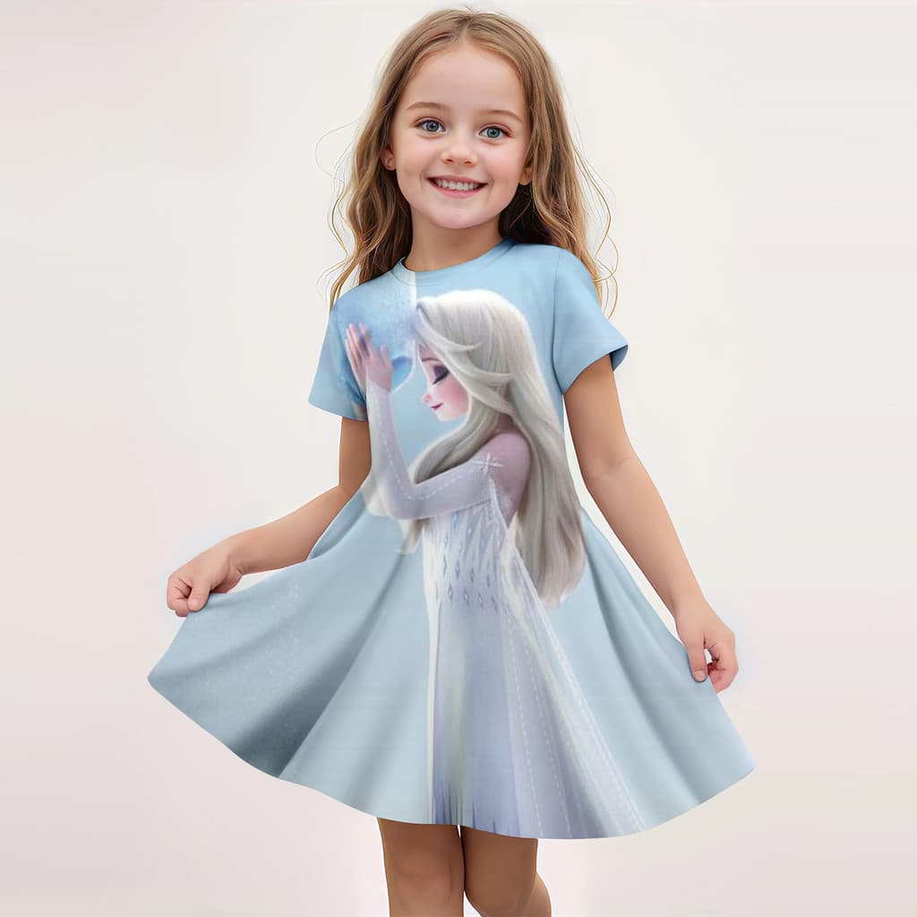 Frozen 2026 Verão Meninas Saia Vestido De Manga Curta 3d Impresso Dos Desenhos Animados Bonito Disney Princesa Moda Mnso
