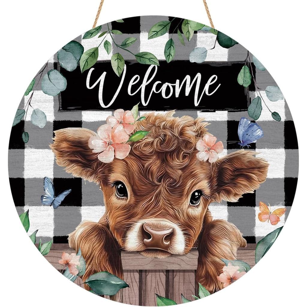 YINENA Placa de Porta de Madeira com Vaca Highland da Primavera, Decoração para Varanda Externa, Guirlanda de Madeira Es