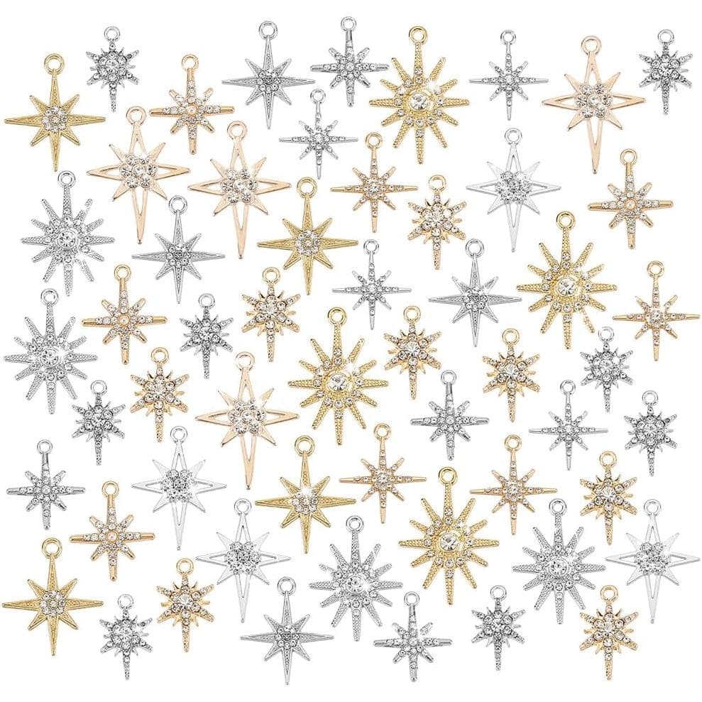PH PandaHall 56 peças de Charms em Forma de Estrela, 7 Estilos, Charms de Zircônia Cúbica, Charms Dourados com Pavê, Pin