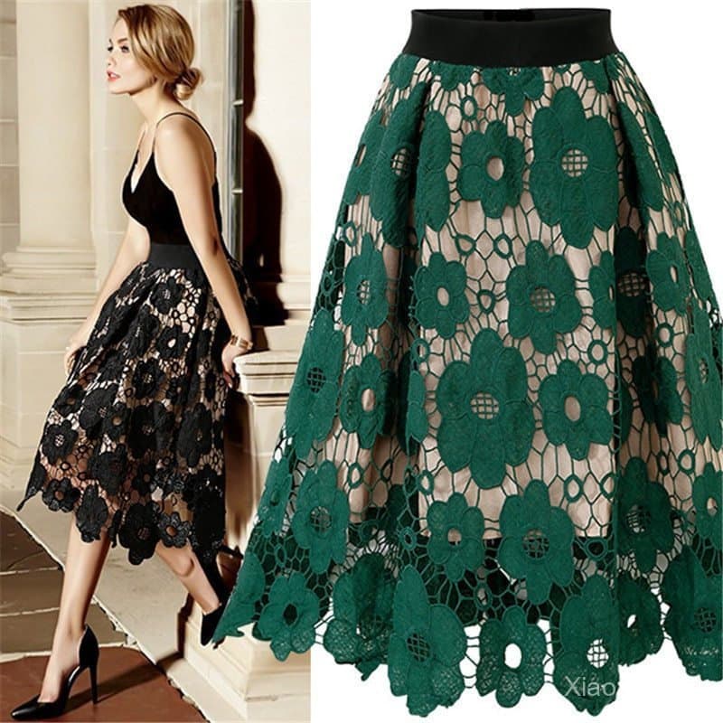 Saia Maxi de Cintura Alta com Renda e Flores Elegantes para Mulheres/ Saia Longa Plus Size LT7I