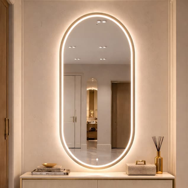 Espelho Oval com LED Mais Forte 3 cores 80x40 Botão Touch Jateado Lapidado Banheiro Quarto Sala Luxo