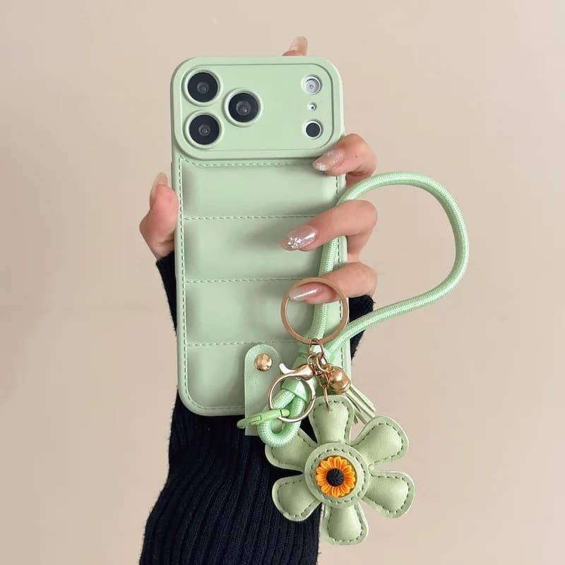 Jaqueta Para Baixo Girassol Alça De Pulso Caso De Telefone IPhone 17 16 15 14 13 12 11 Pro XS Max 8 7 Plus TPU Capa Maci