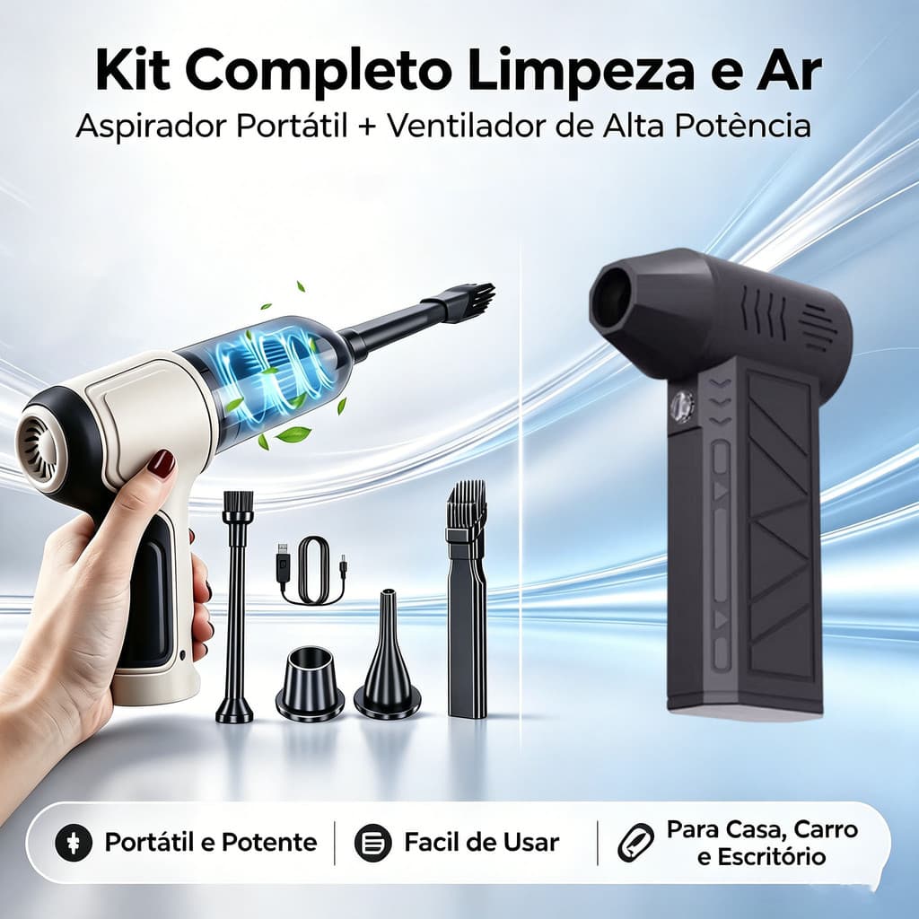 Kit 2 em 1 Aspirador de Pó Sem Fio + Soprador Turbo Bivolt - Para Carro, Casa, Escritório, PC e Teclado