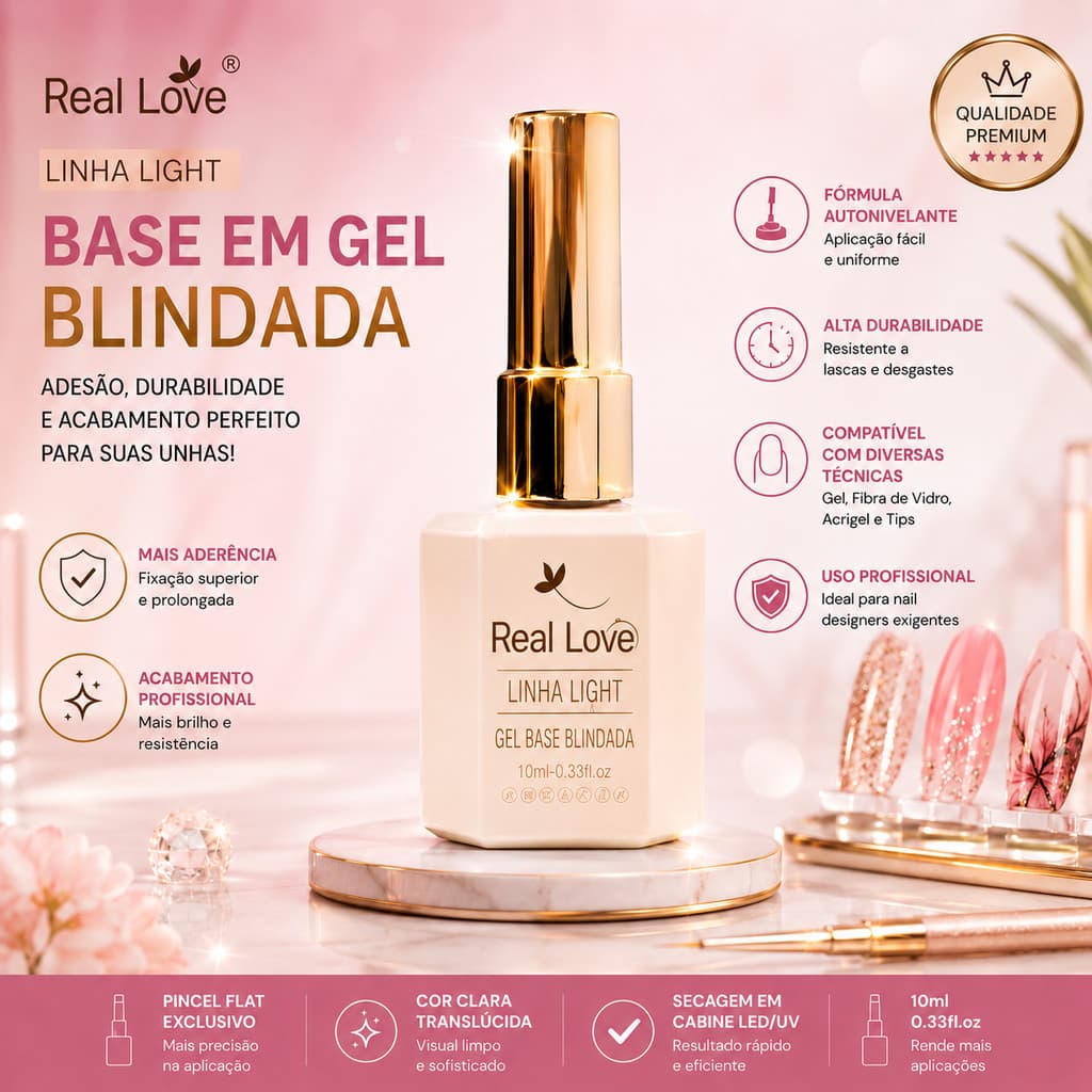Base em Gel Blindada Real Love Linha Light 10ml UV/LED Alta Aderência Para Alongamento de Unhas Gel Fibra Acrigel Tips