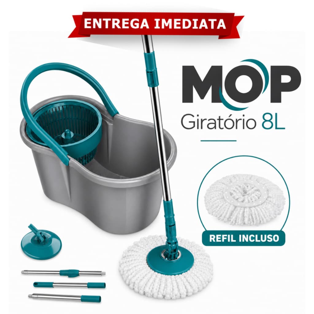 Mop Giratório 8 Litros Fit Cesto Plástico Esfregão Microfibra Cabo Inox