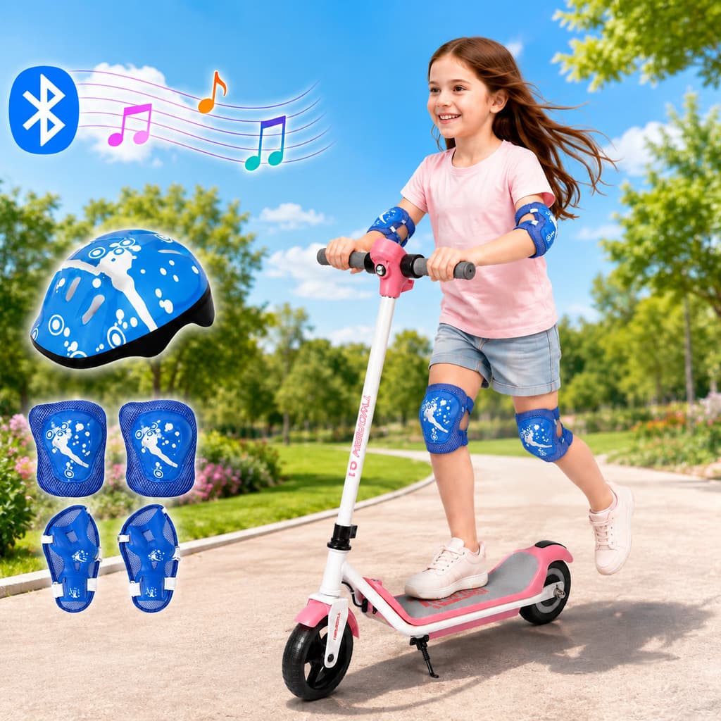Patinete Elétrico Infantil para Criança 2 Rodas 110W 24V Até 60kg Farol Luz no Deck Bluetooth Freio Eletrônico Azul