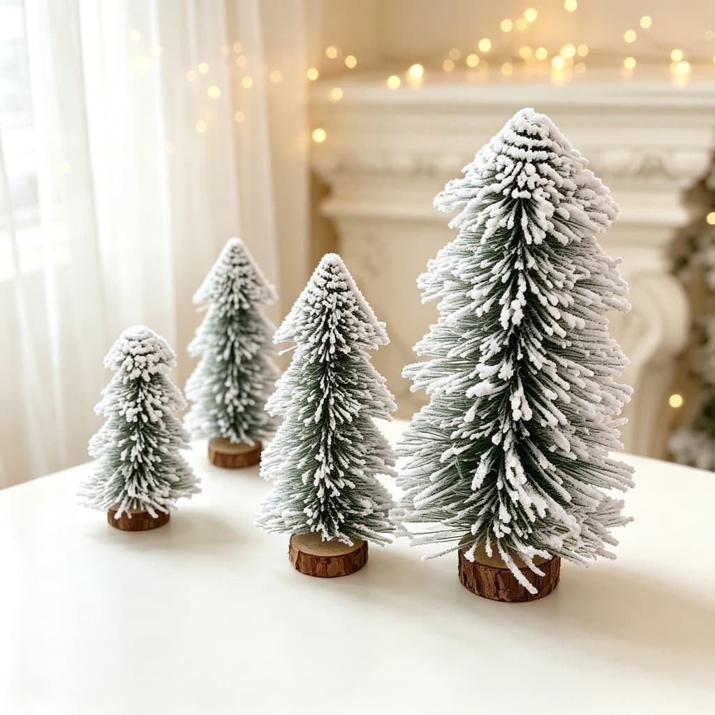 Conjunto De Pequenas Estatuetas De Pinho Flocadas-Decorações De Mesa Com Base De Madeira Para Exibiçãos De Vila De Natal