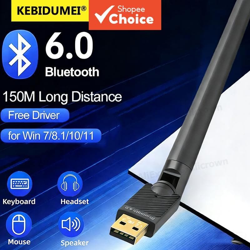 Adaptador Bluetooth 6.0 150M USB, Receptor/Transmissor de Áudio Bluetooth 5.4 com Antena 5dBi para Laptop, Mouse e