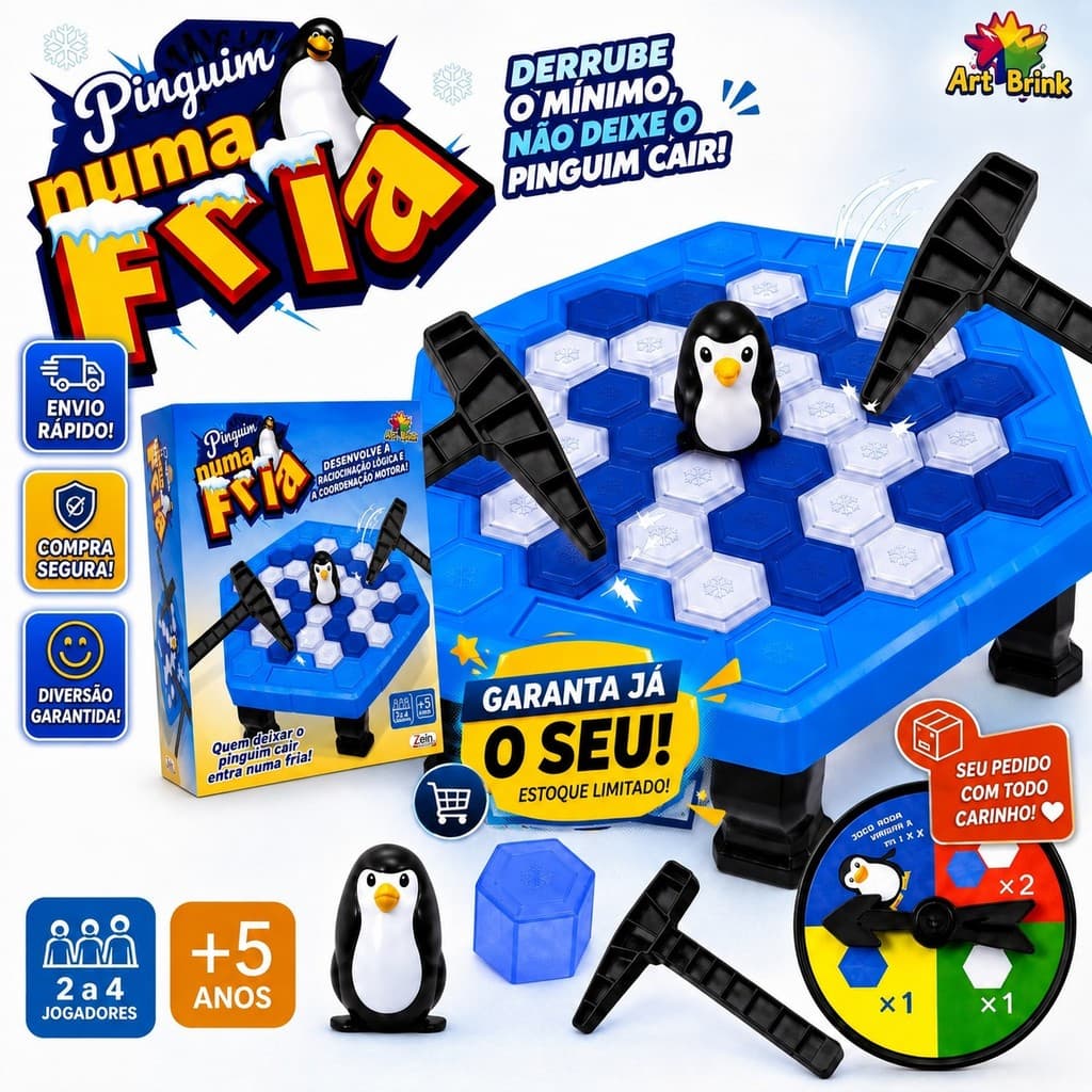 Brinquedo Quebra Gelo Pinguim Grande Jogo de Mesa Infantil com Martelos Diversão em Família
