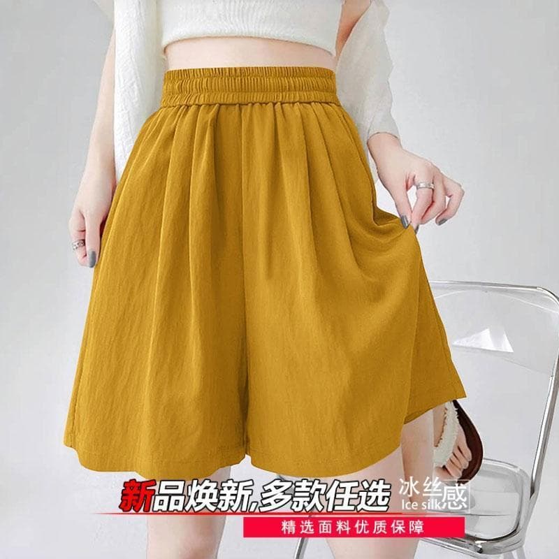 Calções de cor sólida de seda gelo feminino 2025 novo estilo verão estilo fino irmã gorda cintura alta Casual solto a li