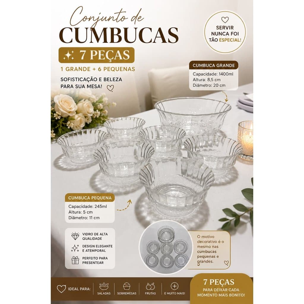 Conjunto de Cumbucas de Vidro 7 Peças – 1 Grande + 6 Pequenas | Elegância para Servir e Encantar