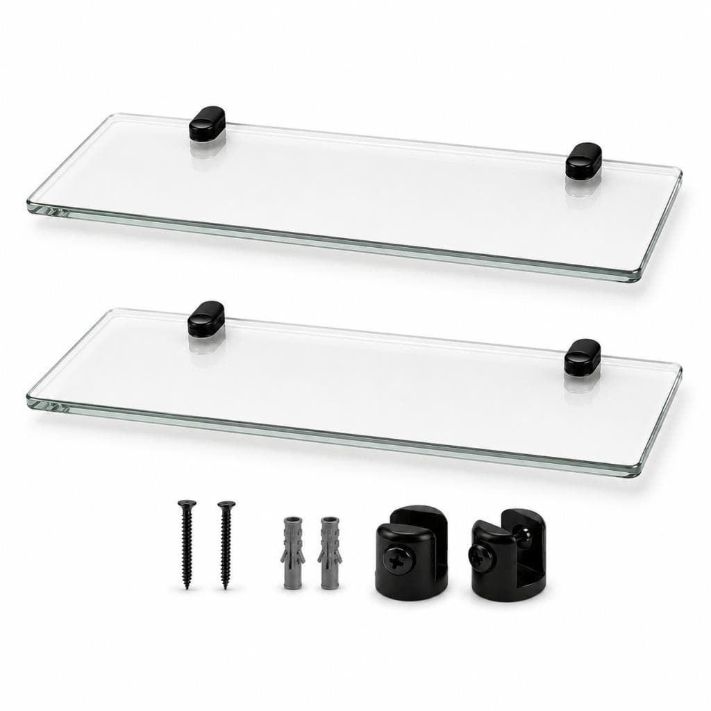 Kit com 2 Praleiras de Parede Vidro Incolor 30cm Suporte Preto para Box de Banheiro