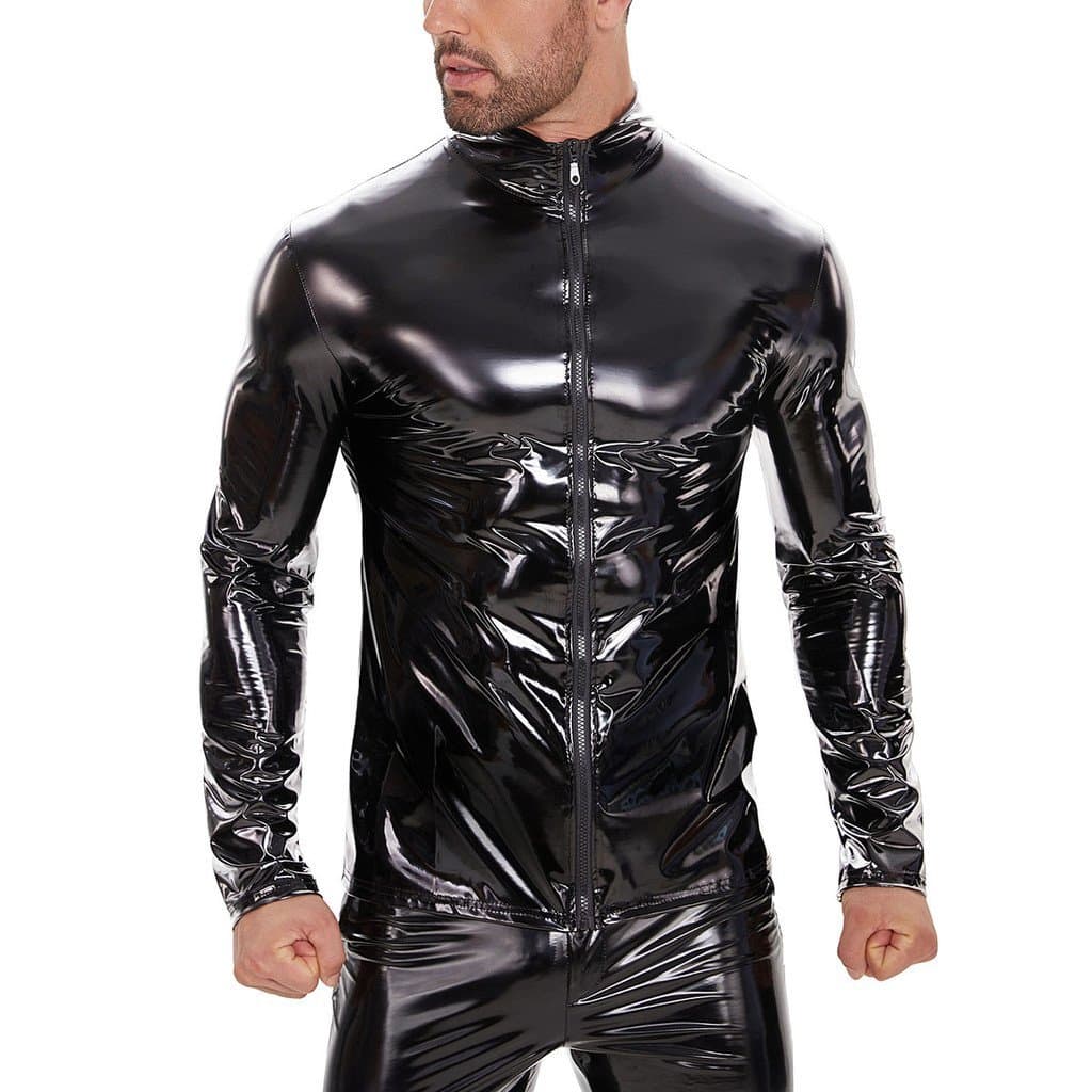 Jaqueta masculina de couro sintético brilhante, casaco de couro sensual, sem odor, tamanho preciso.