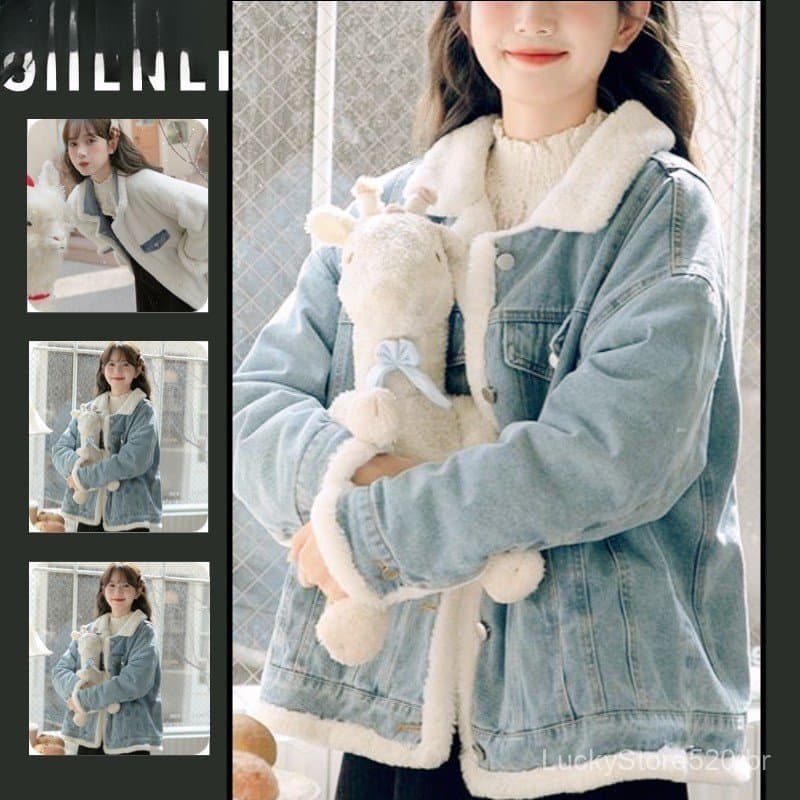 Jaqueta de Inverno Feminina Vintage de Veludo Quente em Denim, Casaco Fashion J1NZ