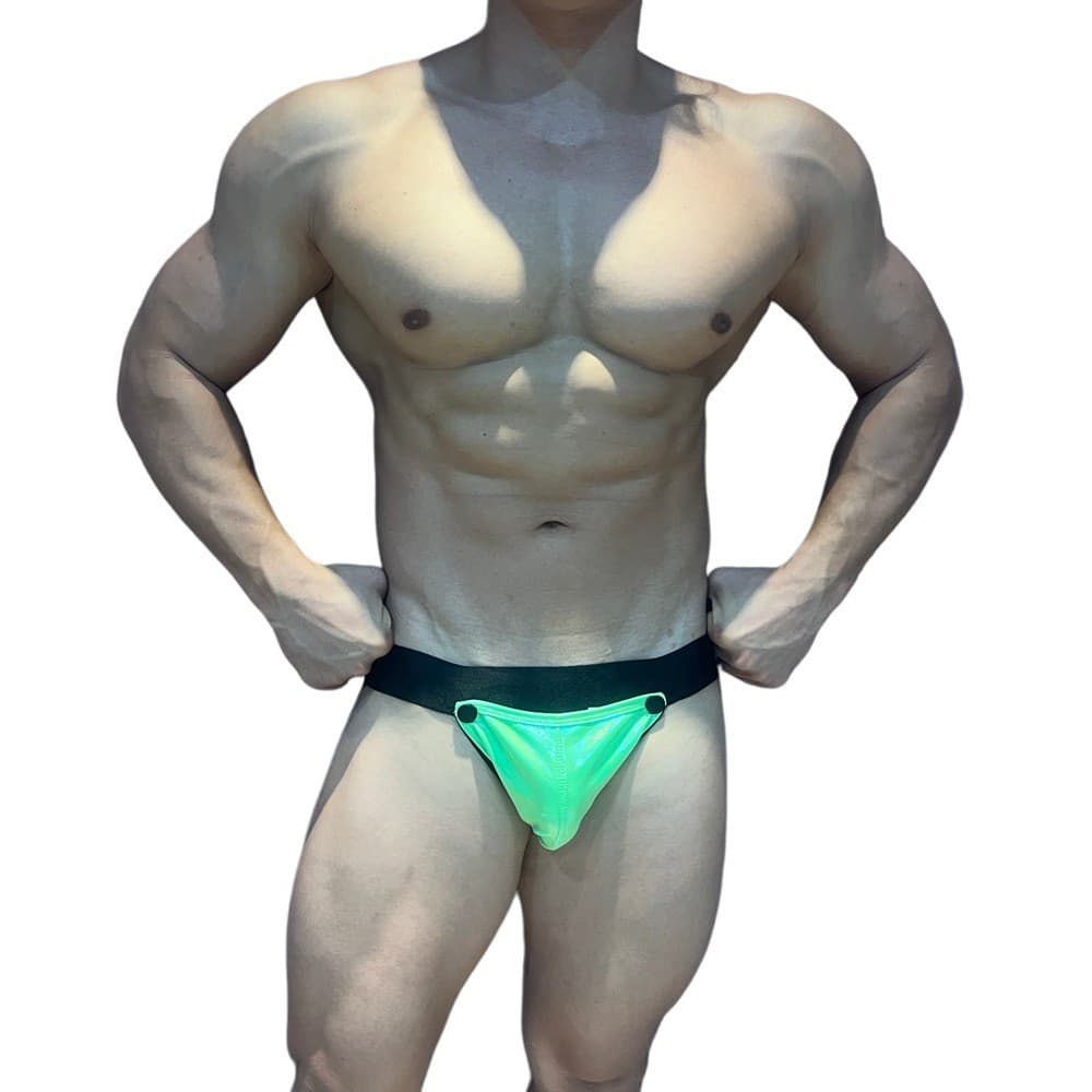 Cueca tanga masculina destacável bolso frontal brilhante couro sintético tanga dupla roupa íntima masculina