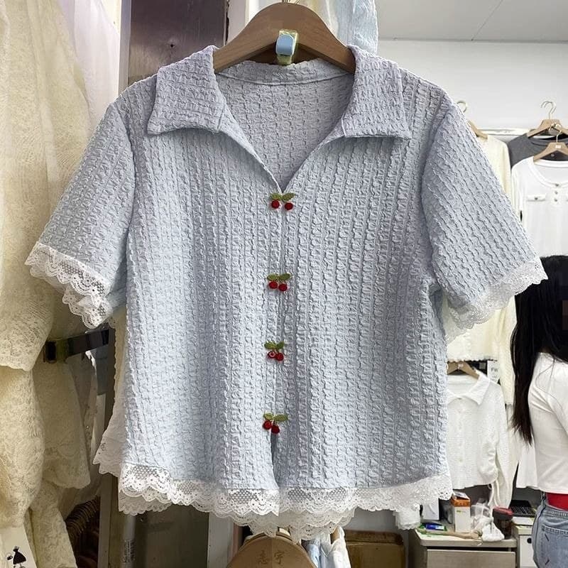Design renda costura lapela camisa de manga curta feminina 2026 primavera novo estilo Casual fino-ajuste All-Match topo