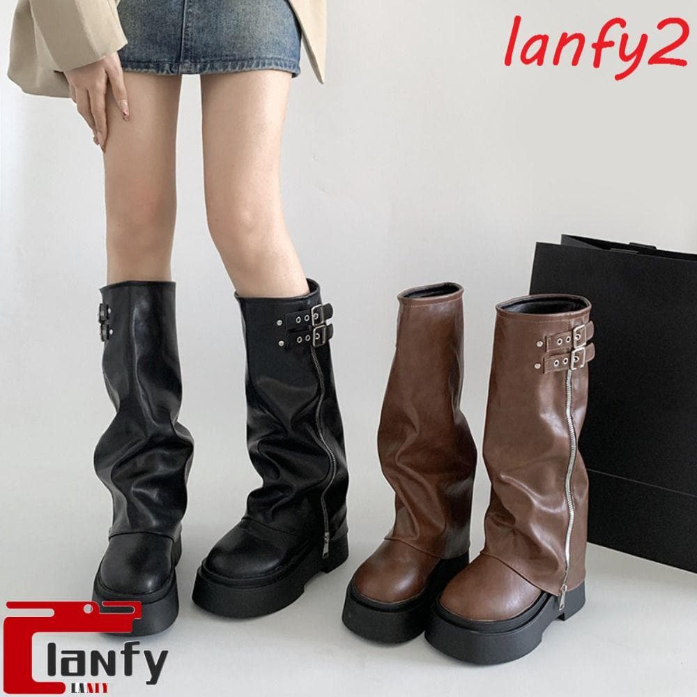 LANFY Botas Femininas De Motociclista , Novo Design Com Fivela De Cinto , Altas Até O Joelho Longas Plataforma