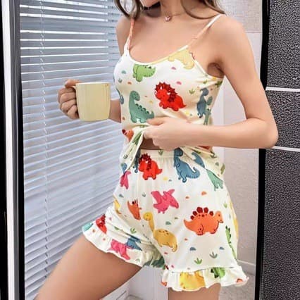 [Estoque pronto] Conjunto de pijama estampado com babados e Shorts Loungewear