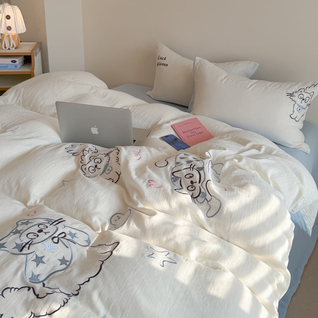 Gato bonito bordado gaze dupla conjunto de quatro peças algodão puro algodão colcha capa lençol cama 1.5m1.8m
