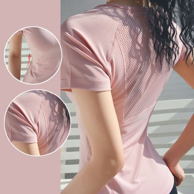 Esportes de manga curta camiseta feminina malha respirável blusa yoga topo correndo Extra grande bonito volta roupas de