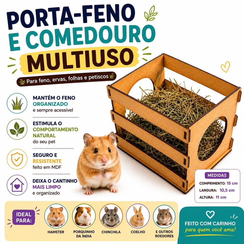 Organizador Porta Feno Comedouro em MDF Roedores Hamster Coelho Chinchila Porquinho da Índia