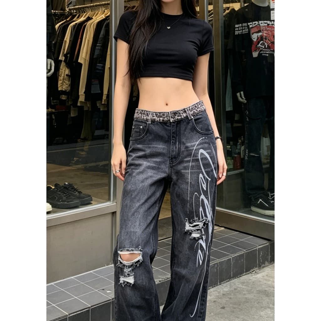 Y2K Harajuku Retro Roupas Femininas , 2000s Americano Casual Cintura Alta Perna Reta Larga Jeans Rasgados