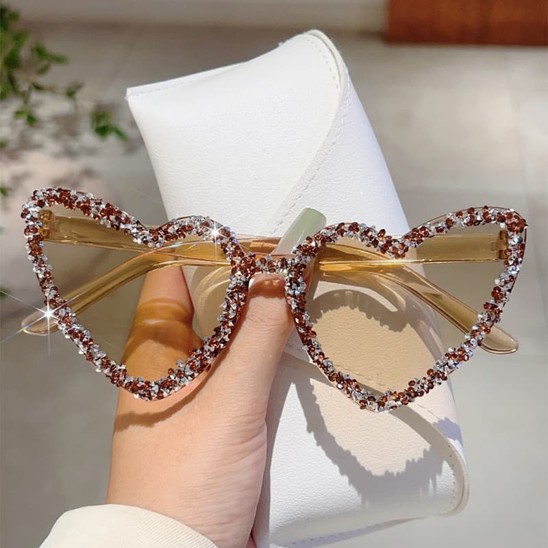Óculos de Sol em Forma de Coração com Strass, Óculos de Sol Elegantes e Coloridos para Mulheres, Adequados para Festas n