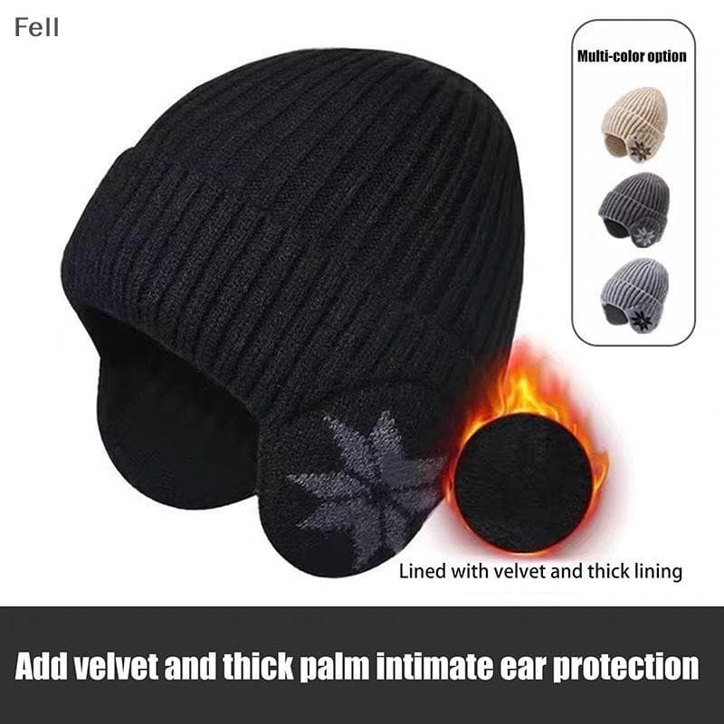 [Fel] Novo Unissex Adicionar Chapéu De Malha De Inverno Forrado De Pele Com Aba De Orelha Gorro Fashion Para Homens Mulh