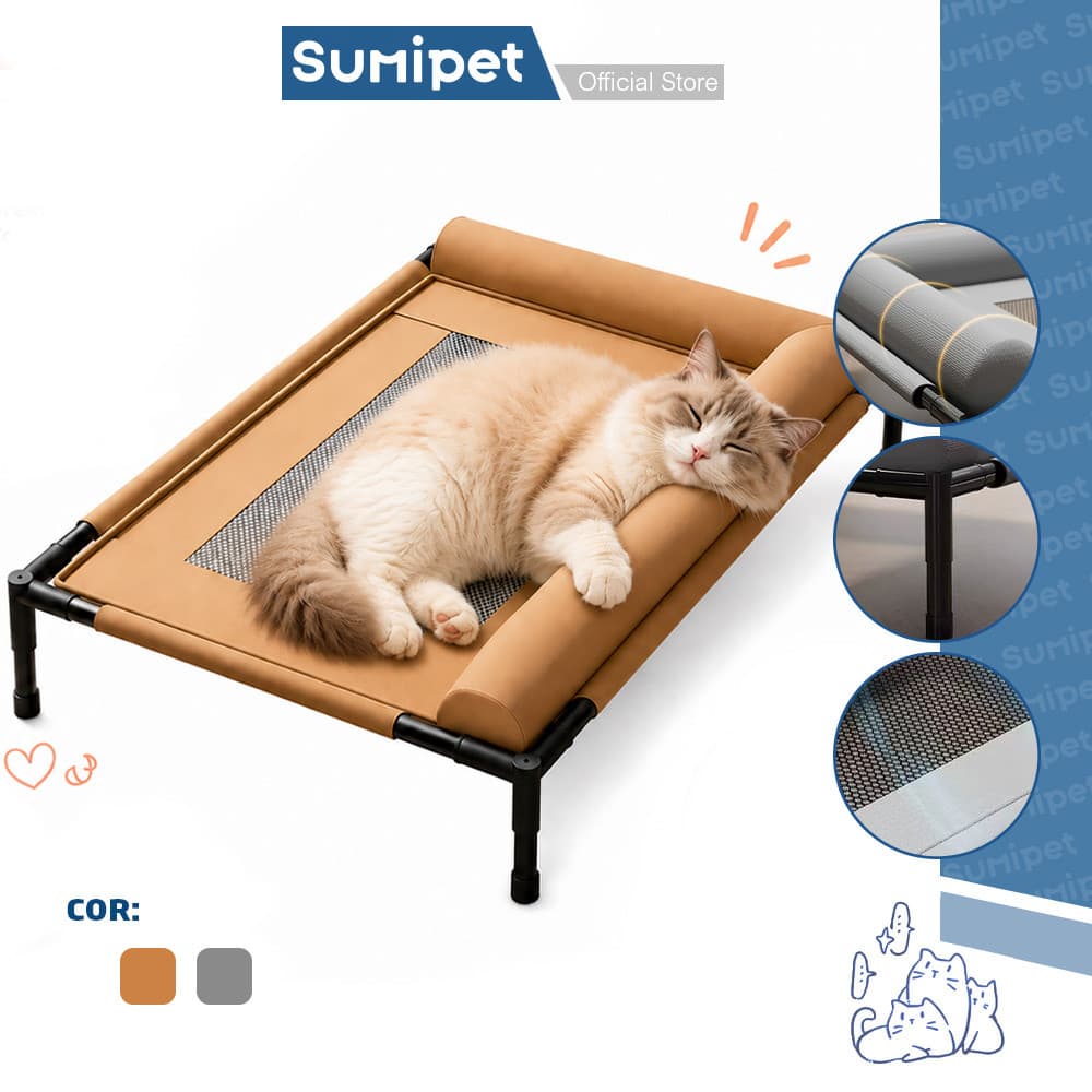 Cama Pet Suspensa Elevada para Cães e Gatos com Tela Teslin Respirável Couro Sintético PU e Apoio Macio em L