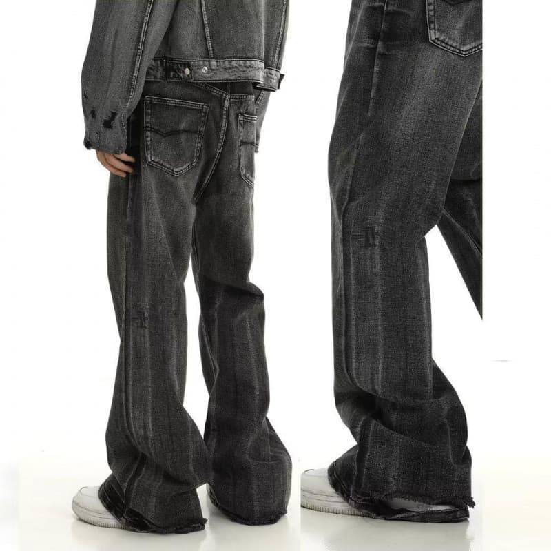 High Street Retro Zipper Split Desfiado Jeans Homens Verão Unissex Casual Solto Calças Retas Preto Pronto Estoque