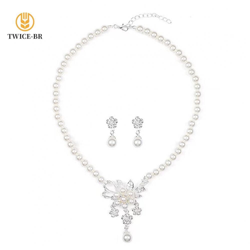 Conjunto De Brincos De Colar De Pérolas Florais Brancas Com Acabamento Galvanizado Acessórios De Noiva