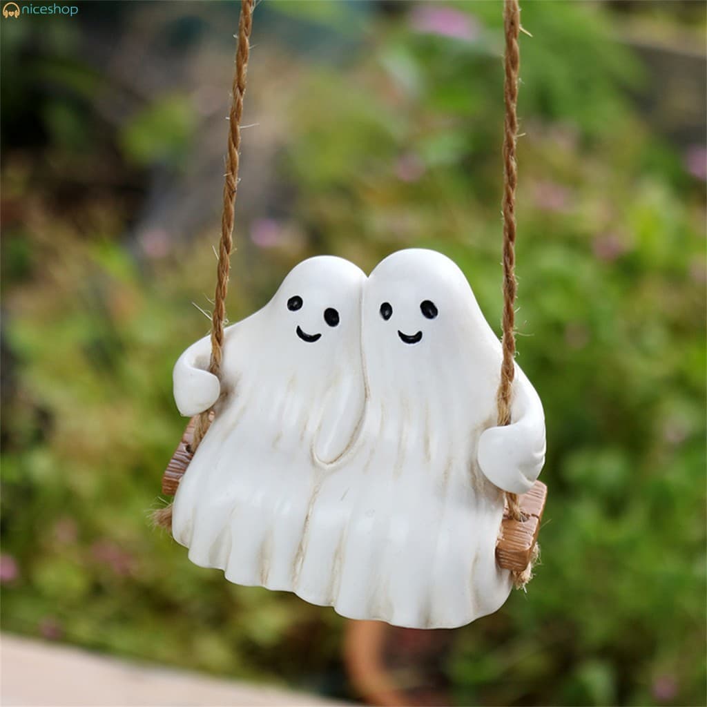 Resina Casal Balanço Fantasma Ornamento 7.8x4.5x7 cm Pendurado Estatueta De Halloween Para Jardim Ao Ar Livre Quintal Pá