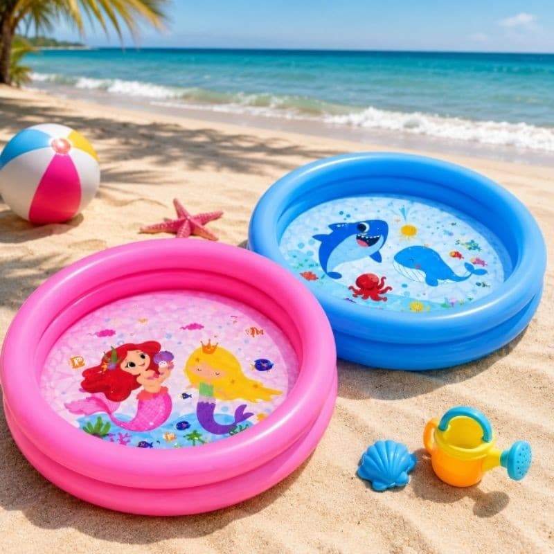 Piscina Infantil 2 Gomos Inflável Redonda Sereia Tubarão para Praia Quintal e Área de Lazer