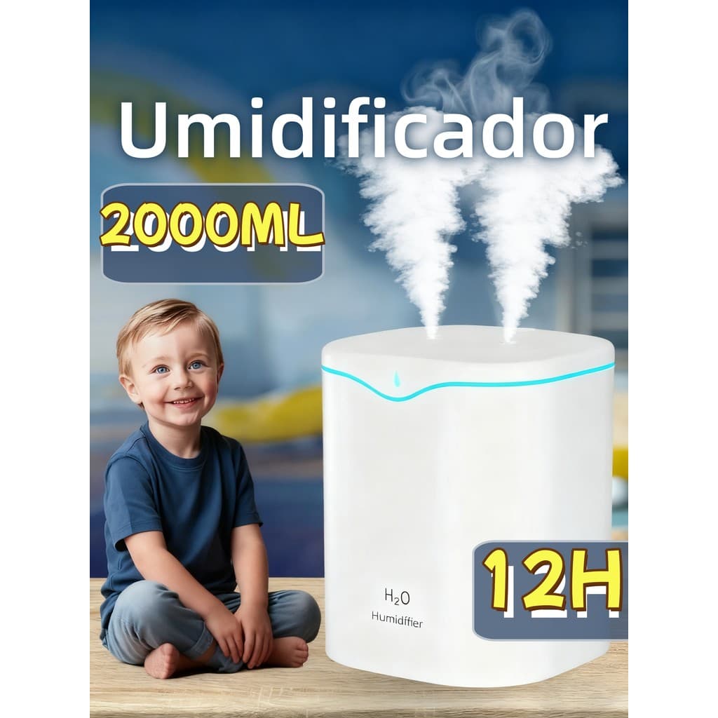 Umidificador Grande 2 Litros Saída Dupla Luzes LED's Coloridas Silencioso Aromatizador