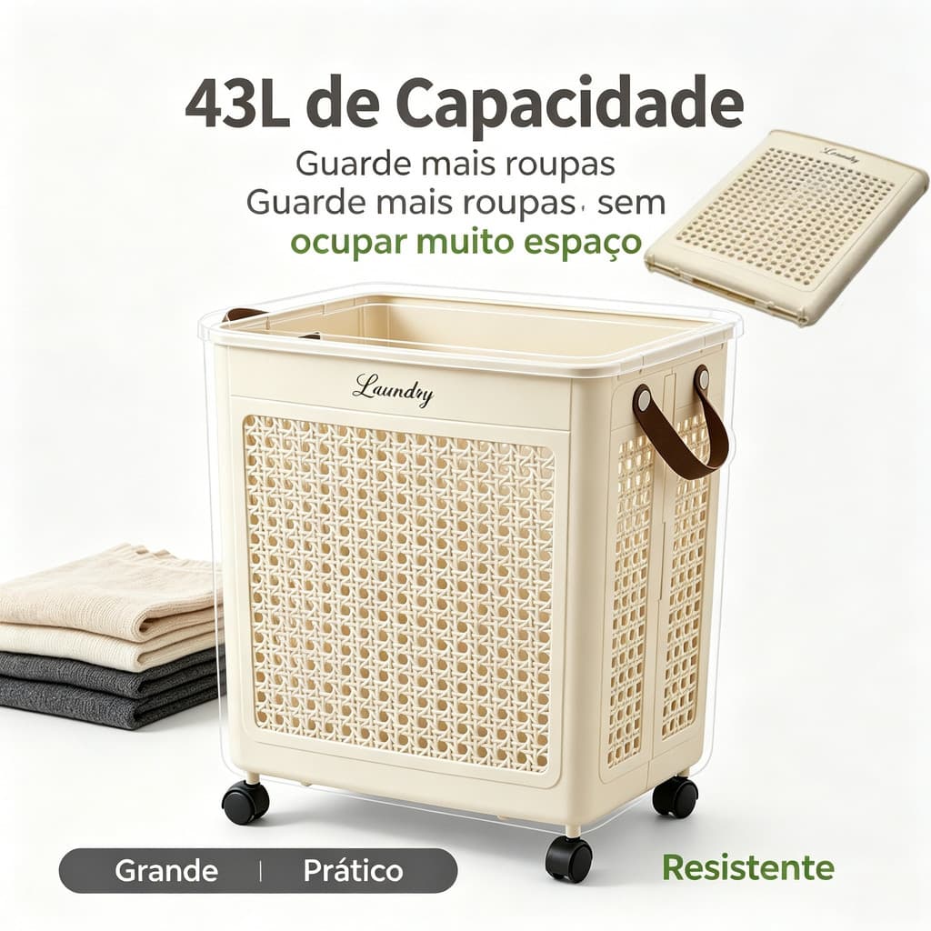 Cesto de Roupa Suja Dobrável 43L com Rodinhas Giratórias Ventilado Multiuso para Quarto e Banheiro