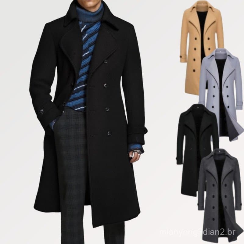 Casaco Longo Masculino Com Lapela Entalhada , Trespassado , Sobretudo Casual De Inverno , Lã Para Homens .